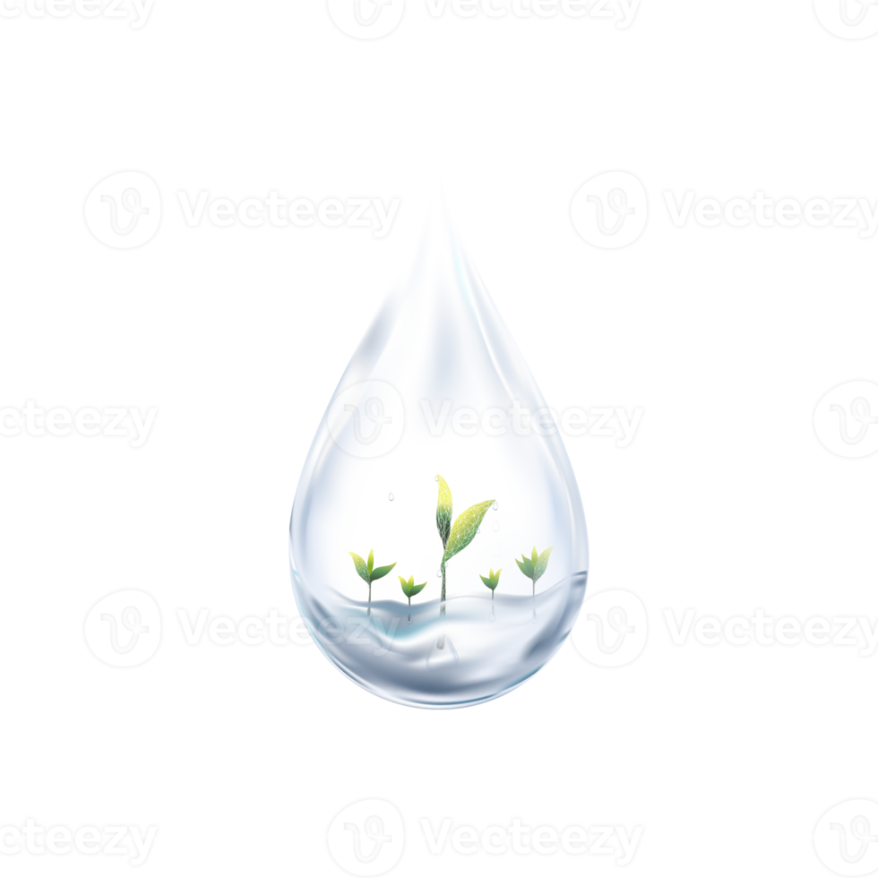 3D-Wassertropfen mit wachsender Pflanze unter sauberem Wasser auf transparentem Hintergrund, Illustration transparenter einzelner blauer glänzender Regentropfen mit jungem Baum, Elementdesign für Ökologie und Weltwassertag png