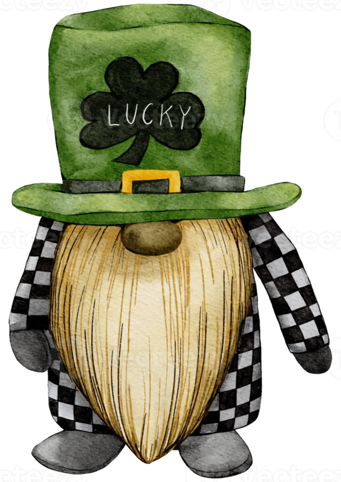 Duende del día de San Patricio con tréboles de cuatro hojas, tarjeta de felicitación, gnomos con trébol y símbolos de suerte. ilustración acuarela verde colección de enanos escandinavos en estilo celta, irlandés png