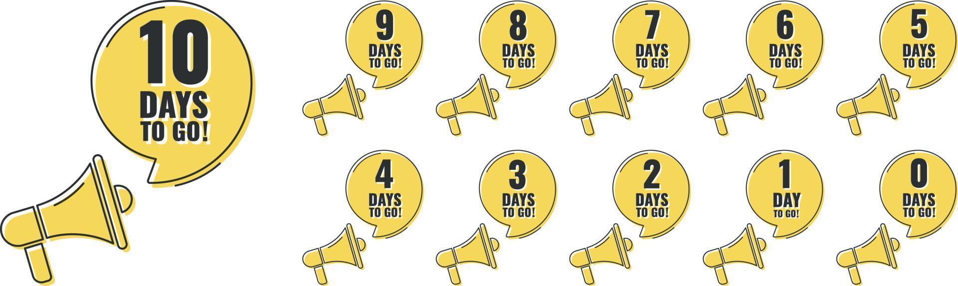 Number 0, 1, 2, 3, 4, 5, 6, 7, 8, 9, 10, of days left to go. Collection badges with megaphone sale, landing page, banner. vector