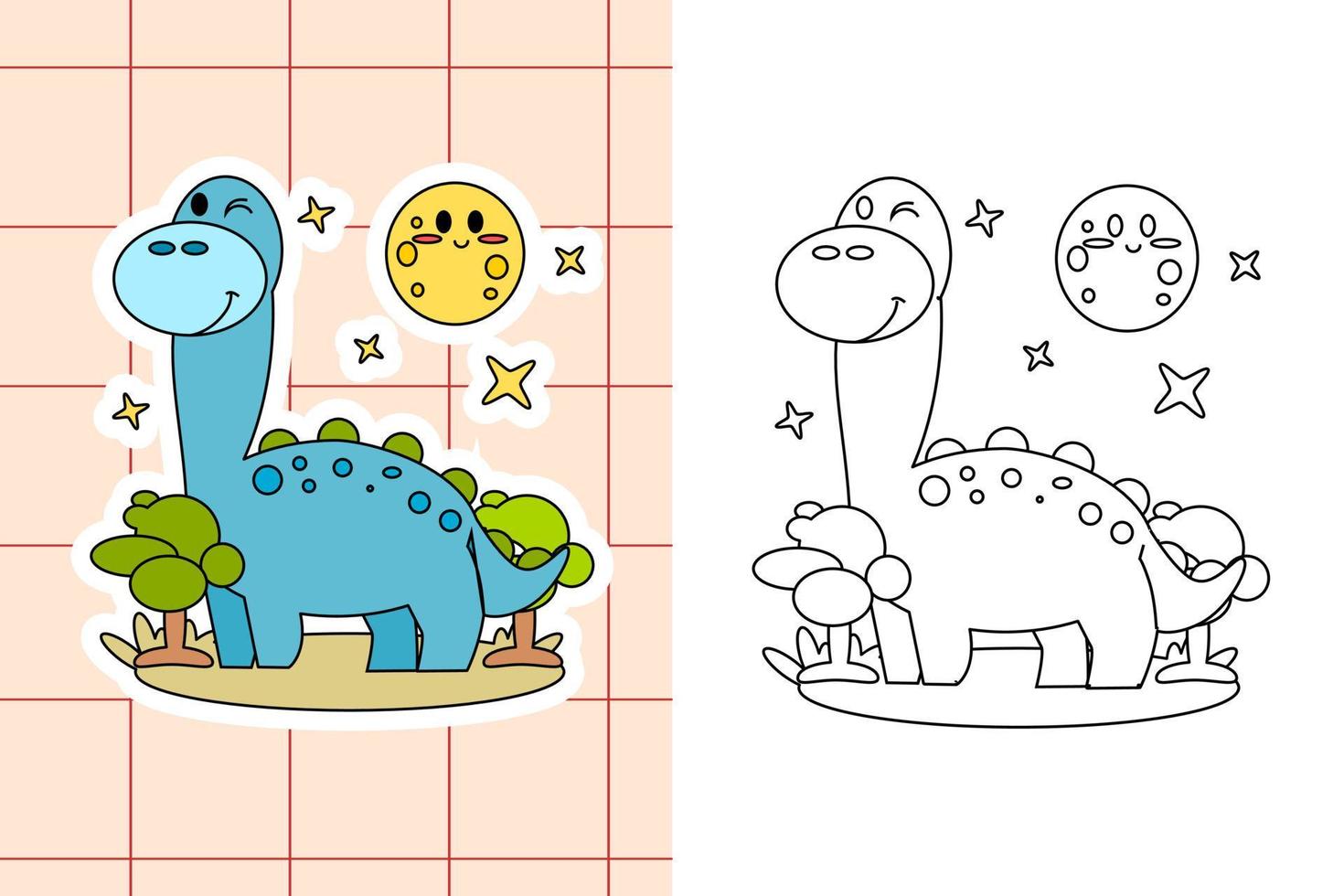 página para colorear de dinosaurios y pegatina para niños pequeños vector