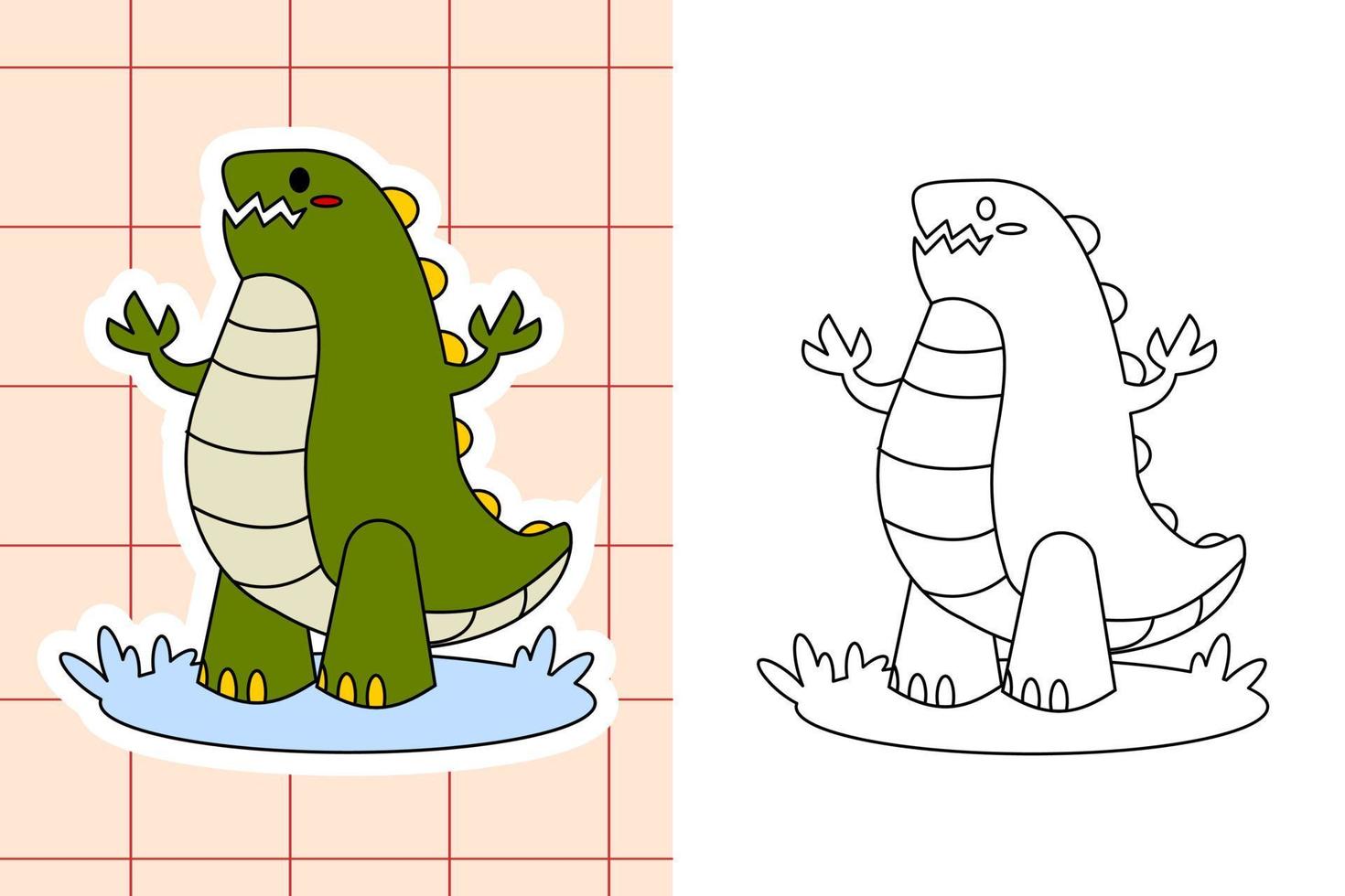 página para colorear de dinosaurios y pegatina para niños pequeños vector