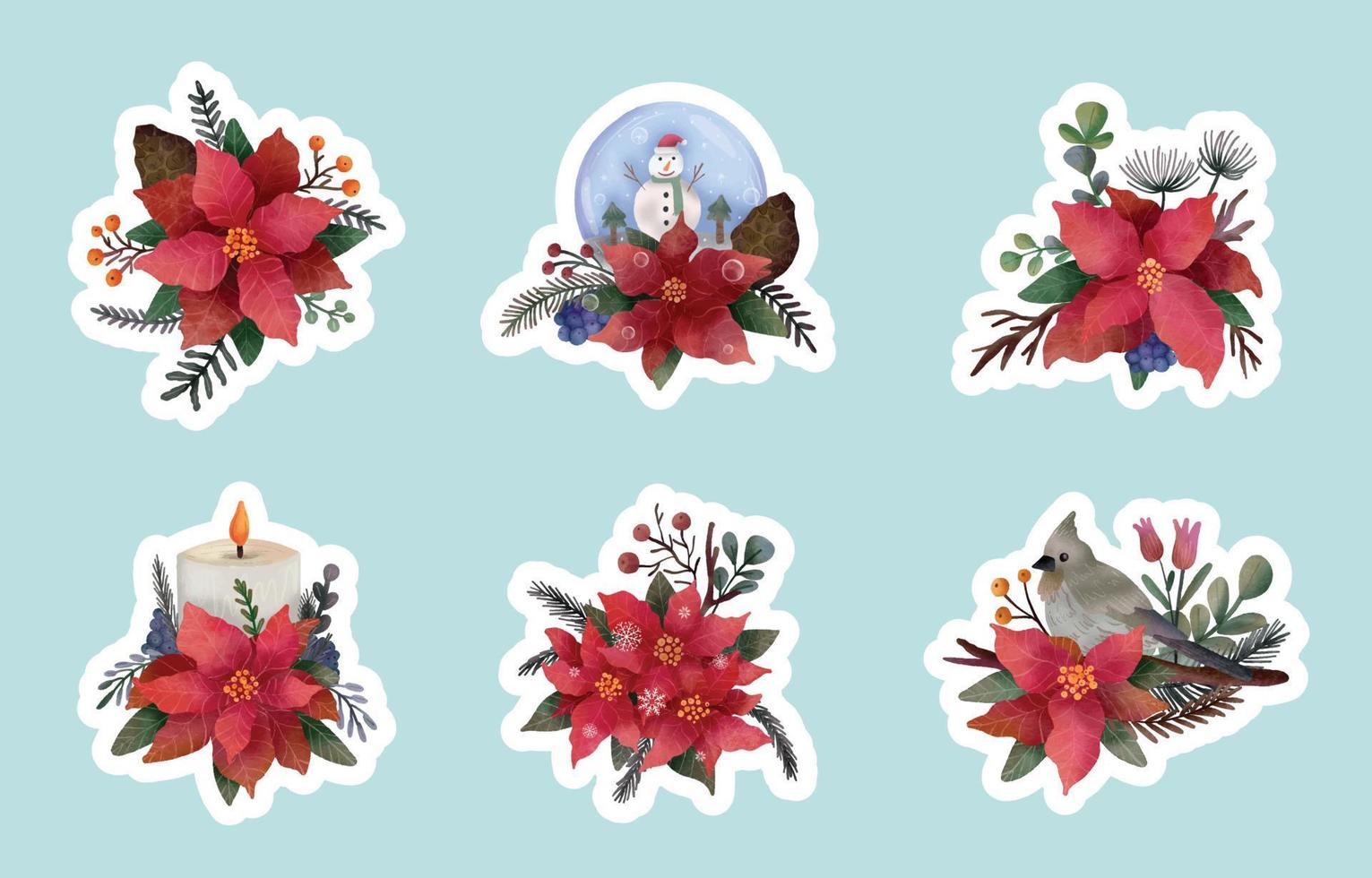 Water Colored Poinsettias Stickers Set vector