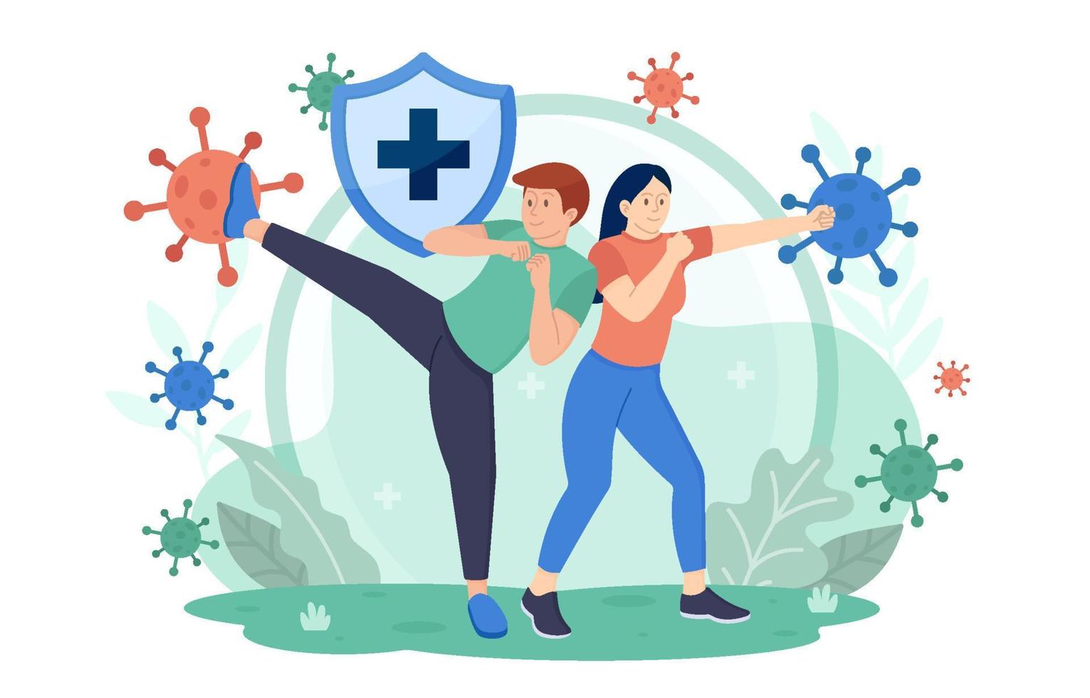 Immune System Concept with Couple Figth Against Viruses vector