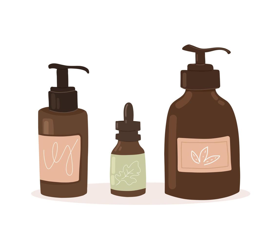 conjunto de cosméticos orgánicos. ilustración crema natural, suero, aceite, exfoliante, champú, gel vector