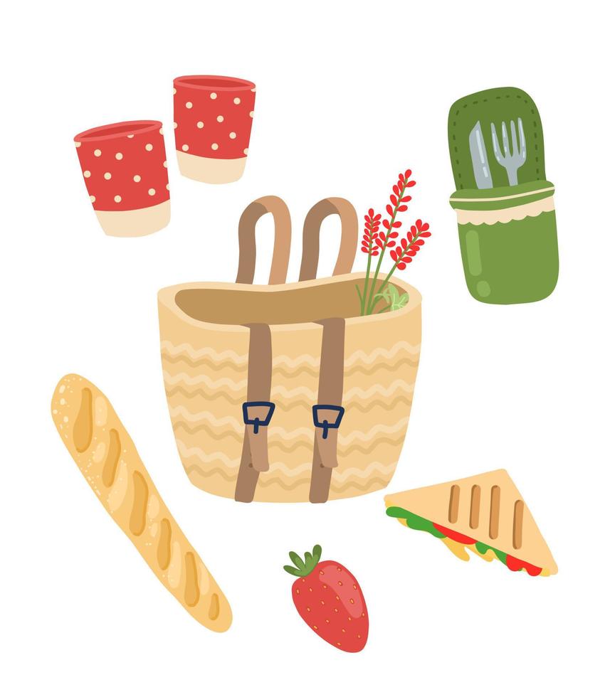 juego de picnic. ilustración de comida de picnic y camping. canasta de mimbre, vasos, baguette, sándwich vector