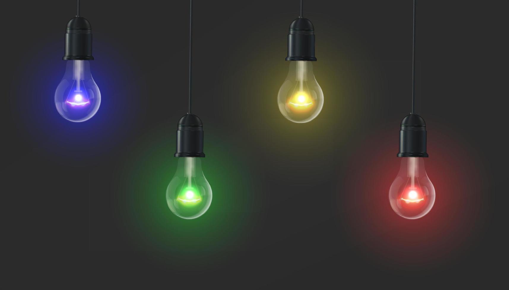 Vector, 3D realistic colored light bulbs glowing on a black background. vector