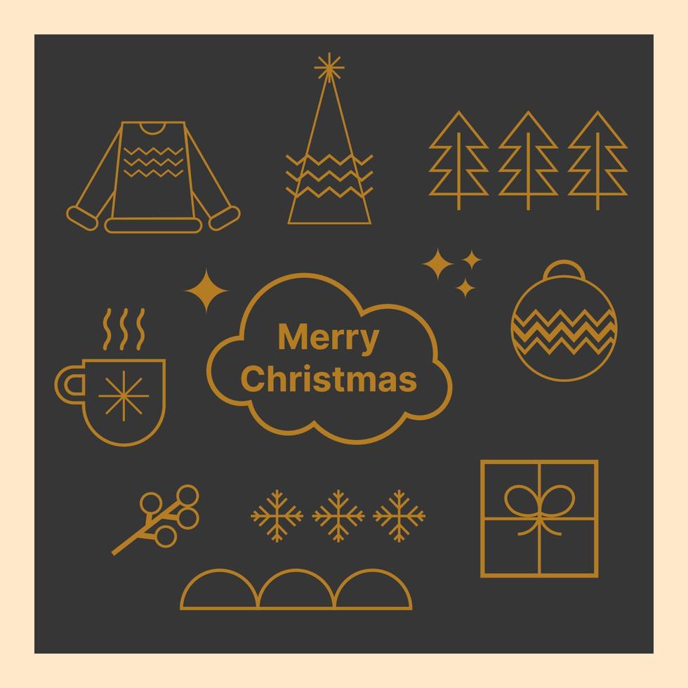 conjunto de elementos navideños lineales dorados, colección geométrica de iconos navideños en negro, símbolos vectoriales de vacaciones de invierno, árbol geométrico minimalista, regalo, bola, taza, suéter feo ilustración abstracta de año nuevo vector