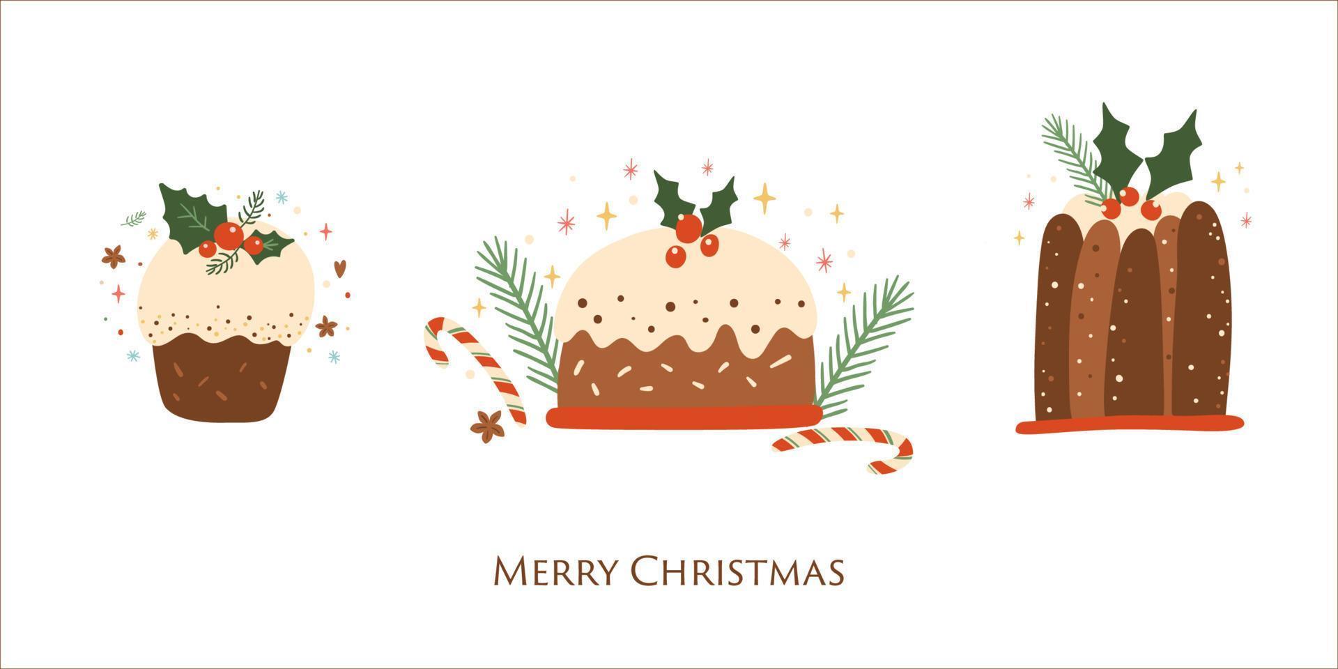 Christmas pudding set isolated vector element. Tasty Christmas cake or Cute winter holiday pie with holly berry food illustration. Hand drawn baked Christmas dessert collection