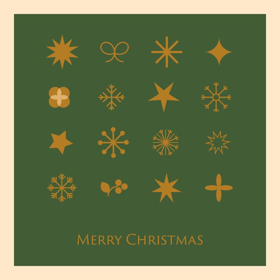 colección de copos de nieve dorados, diferentes estrellas geométricas de navidad para el afiche decorativo de invierno. tarjeta de felicitación minimalista verde y dorada de año nuevo. ilustración de vector de vacaciones de invierno, banner, tarjeta.