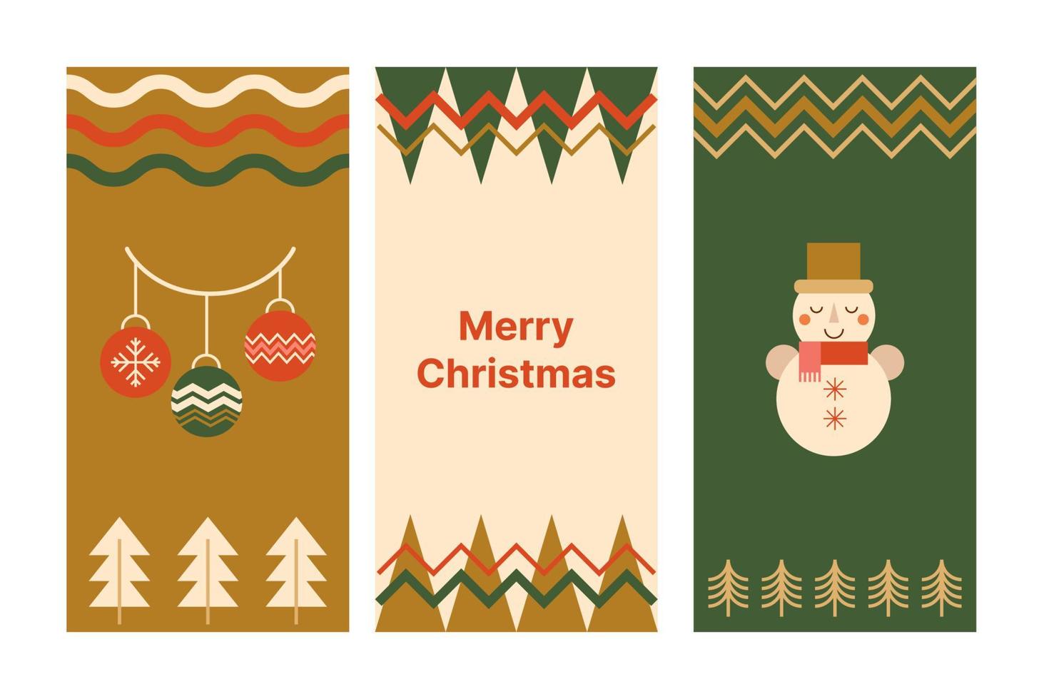 Geometric Christmas poster set made from simple geometric symbols of mosaic Christmas ball, Snowman, Christmas tree, zig zag ornament. Red, green and gold geometric background. Vector illustration