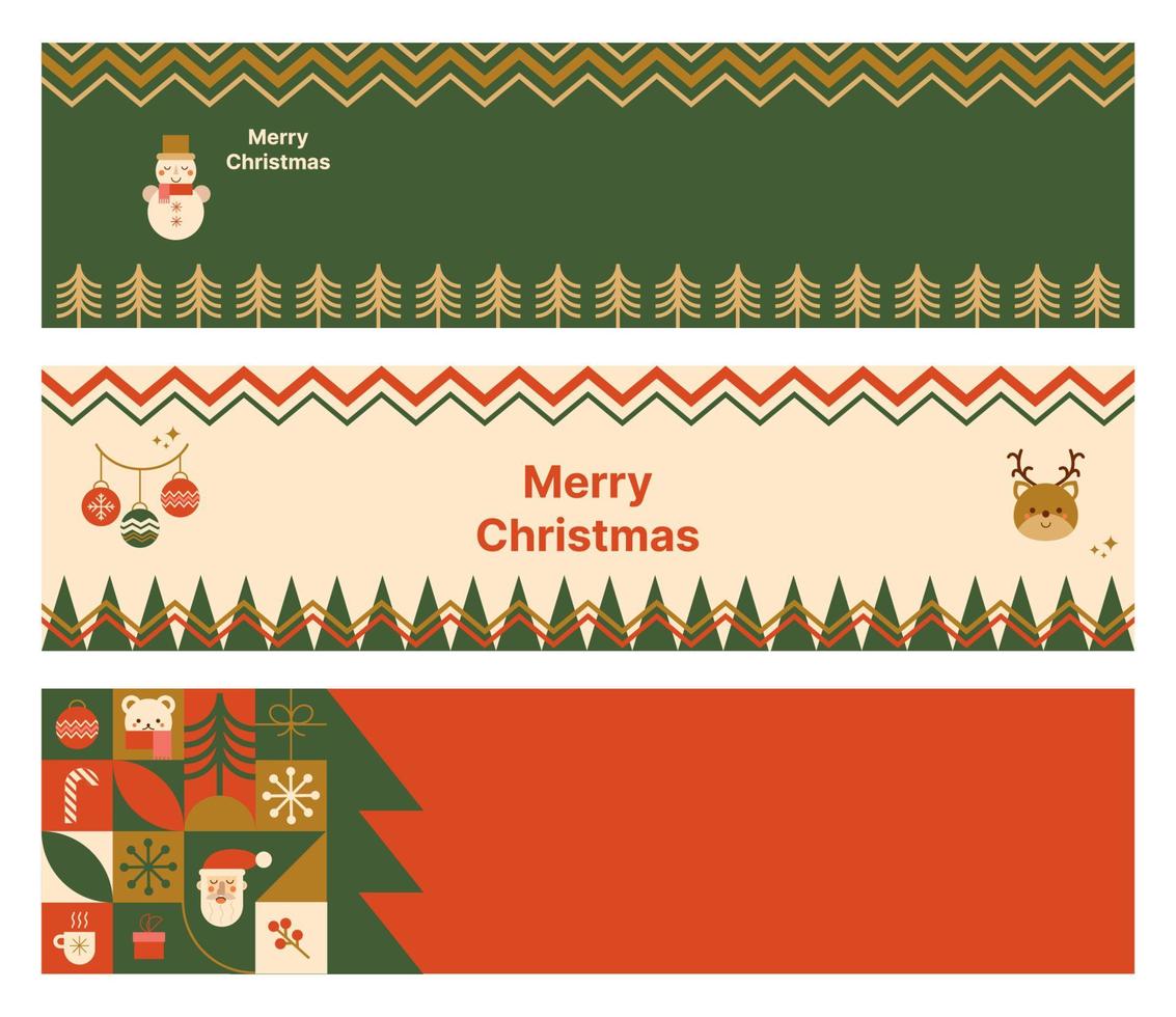 Christmas holiday banner set with geometric mosaic elements, winter festive symbols, Santa, Christmas tree in vector illustration. Horizontal poster in minimalist adstract New Year flat design.