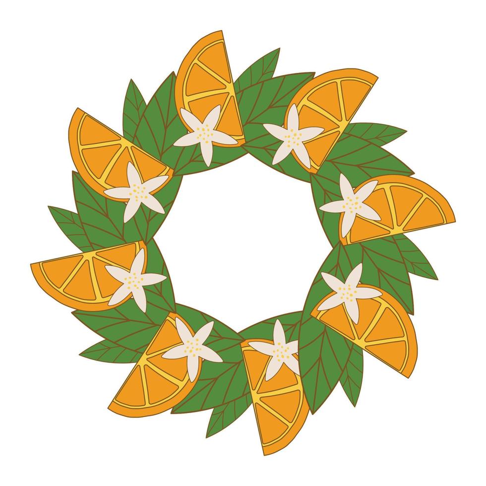 Round frame with oranges and leaves space for text vector