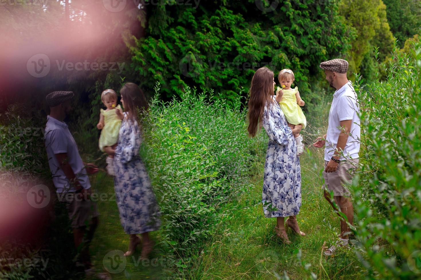 Young family carrying their little daughter ad the green park photo