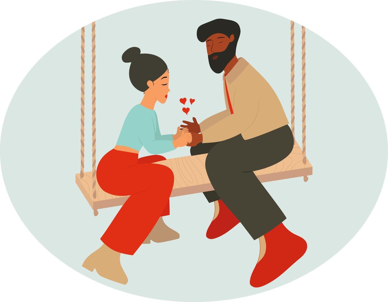 Hand drawn vector abstract cartoon modern graphic happy valentine's day  illustration with couple of lovers sitting together on hanging swing isolated on turquoise pastel background.