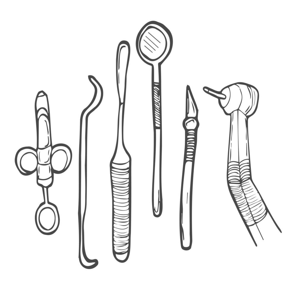 Set for Dentistry Inspection on a Doodle hand draw style. Professional Dental Oral Care Stainless Steel Tools. vector