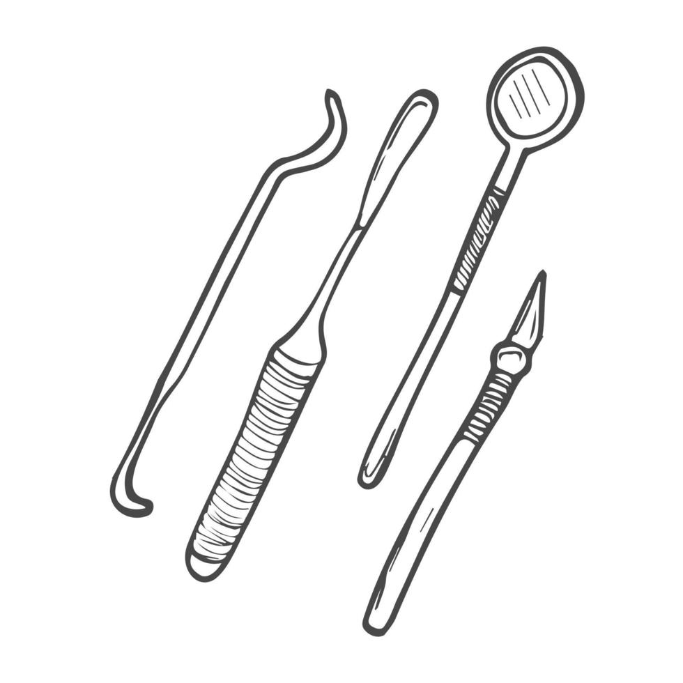configurado para la inspección de odontología en un estilo de dibujo a mano de garabato. herramientas profesionales de acero inoxidable para el cuidado bucal dental. vector