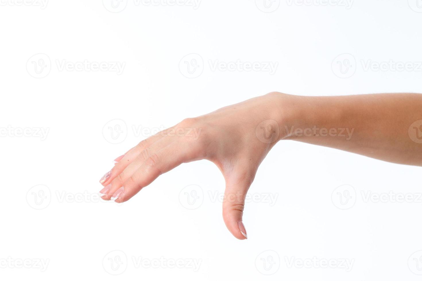 female hand with lowered down hands isolated on white background photo