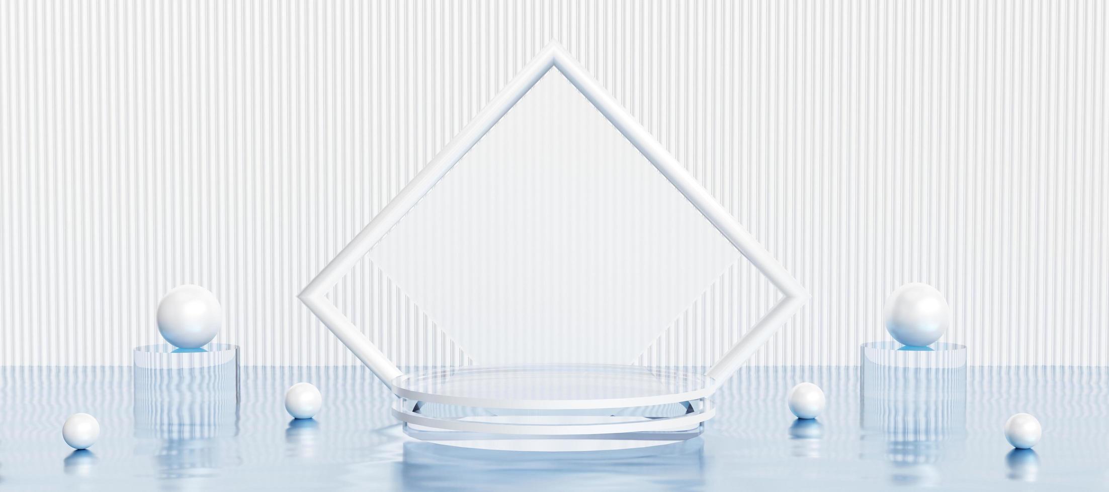 Transparent glass podium with white decorative objects. Stand to show products with copy space. Pedestal display in elegant clean scene. Banner size. Website cover template. 3D rendering. photo