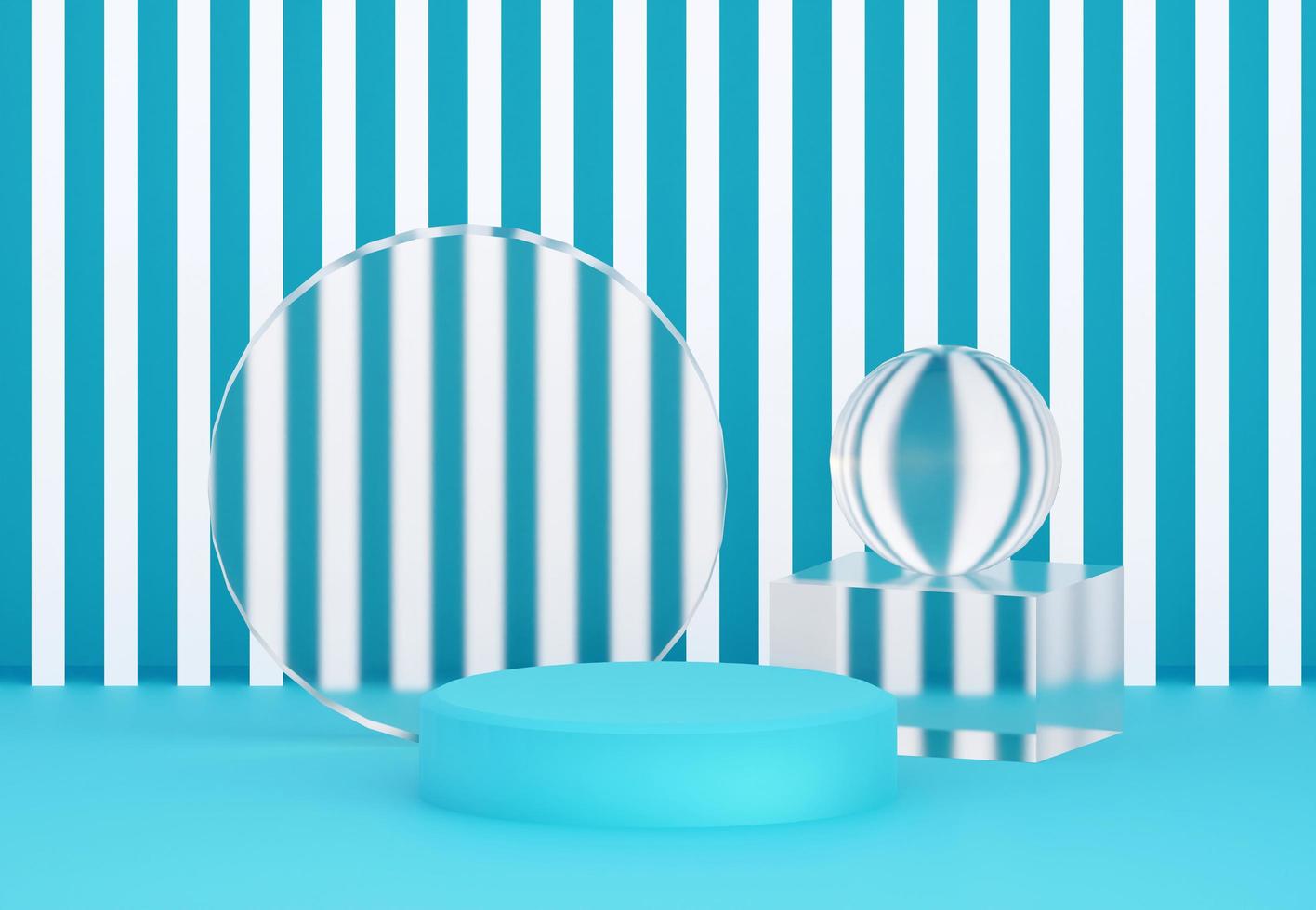 Cyan podium with abstract glass texture objects and white stripes wall. Stand to show products. Stage showcase with modern scene. Pedestal display with copy space. 3D rendering. photo