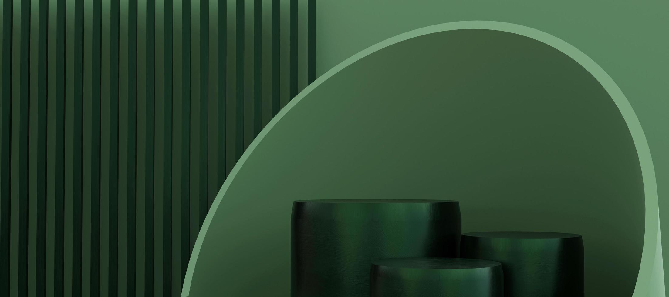 Green podium with abstract art objects. Stand to show products. Stage showcase with modern scene. Pedestal display with copy space. 3D rendering. Studio platform template. photo