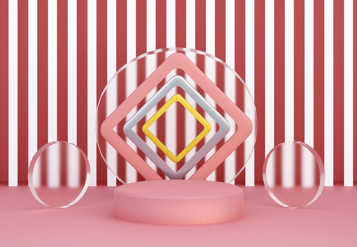 Pink podium with abstract glass texture objects and white stripes wall. Stand to show products. Stage showcase with modern scene. Pedestal display with copy space. 3D rendering. photo
