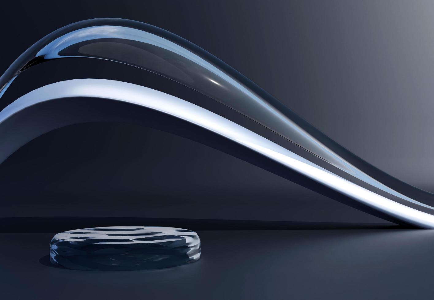 Water surface cylinder podium with decorative objects on black background. Stand to show products. Dark  showcase with copy space. Glass texture pedestal display.  3D rendering. photo