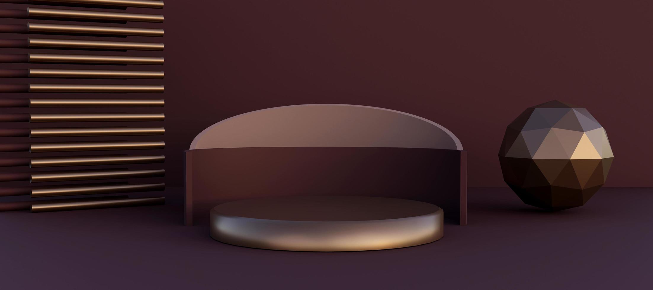 Elegant podium with  abstract art objects. Stand to show products. Stage showcase with copy space. Pedestal display. Banner size. Website cover template. 3D rendering. photo