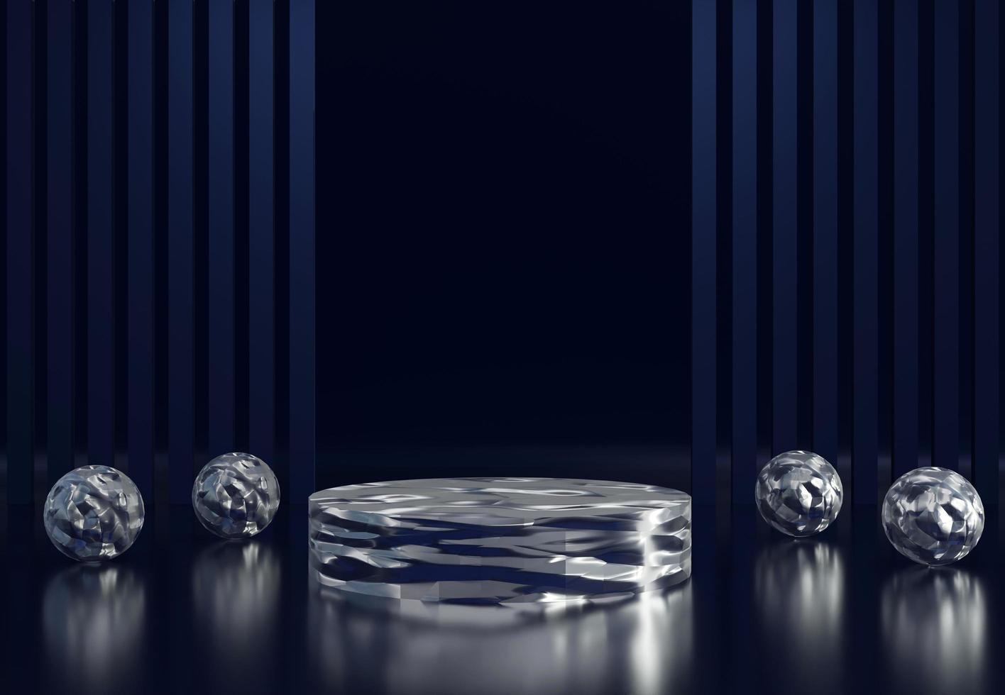 Ice texture podium with abstract art objects. Stand to show products. Stage showcase with modern scene. Pedestal display with copy space. 3D rendering. Studio platform template. photo
