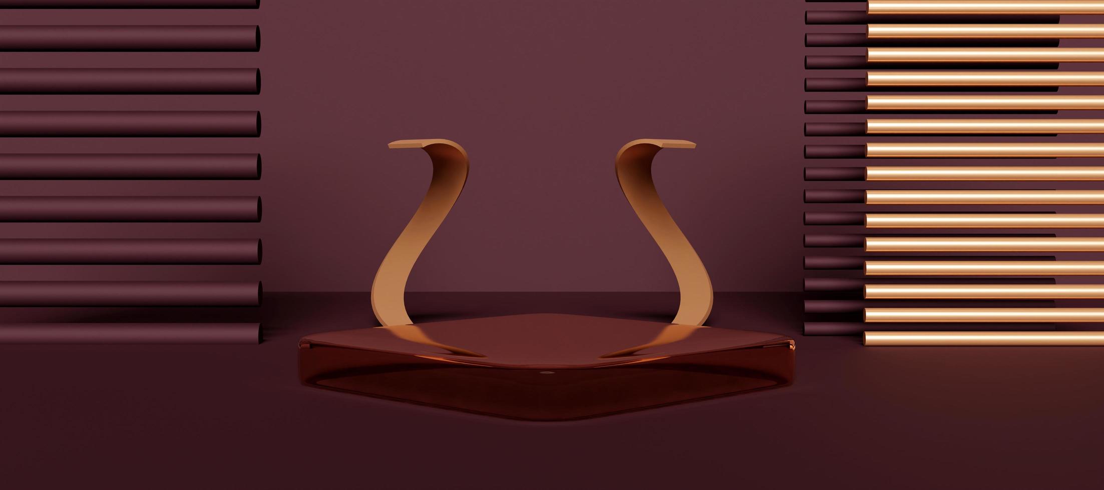 Elegant podium with  abstract art objects. Stand to show products. Stage showcase with copy space. Pedestal display. Banner size. Website cover template. 3D rendering. photo