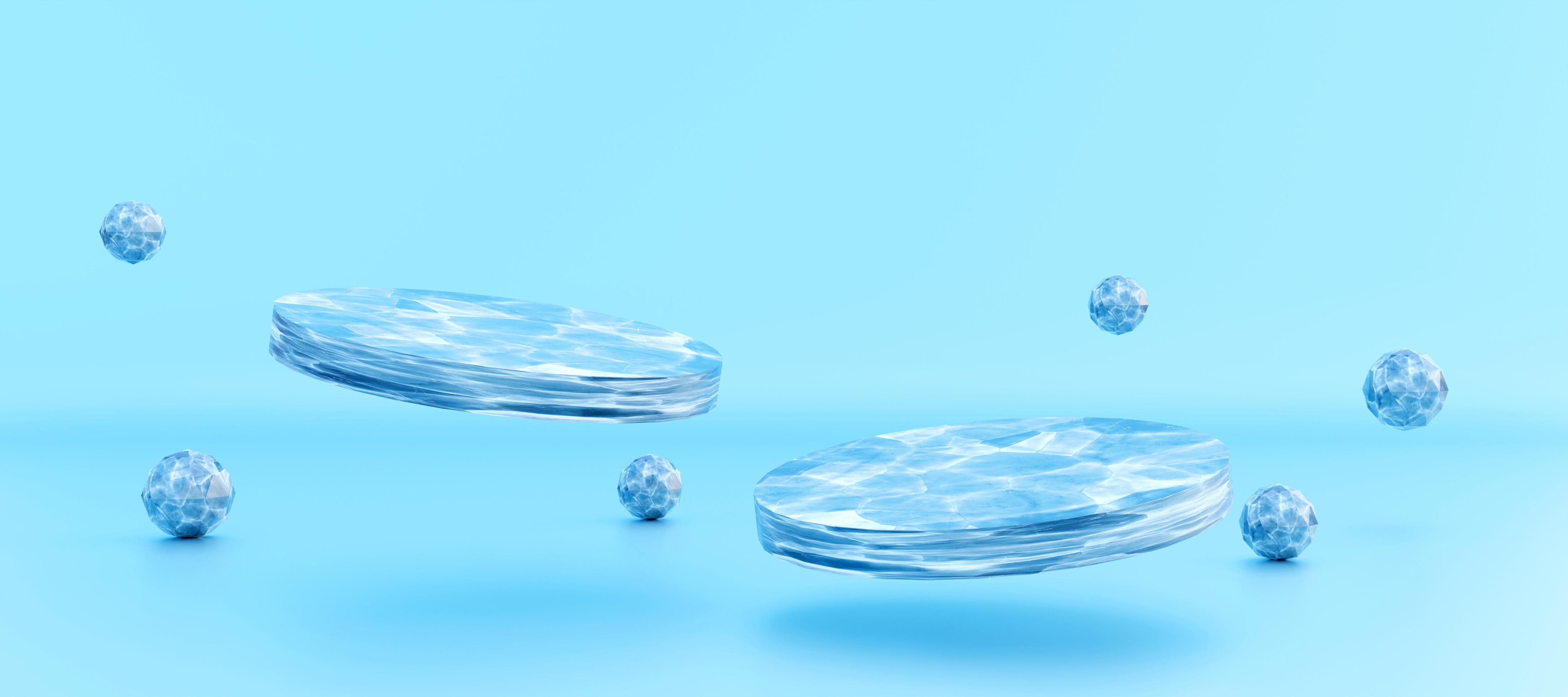 Two water surface cylinder podiums flying on blue background. Water