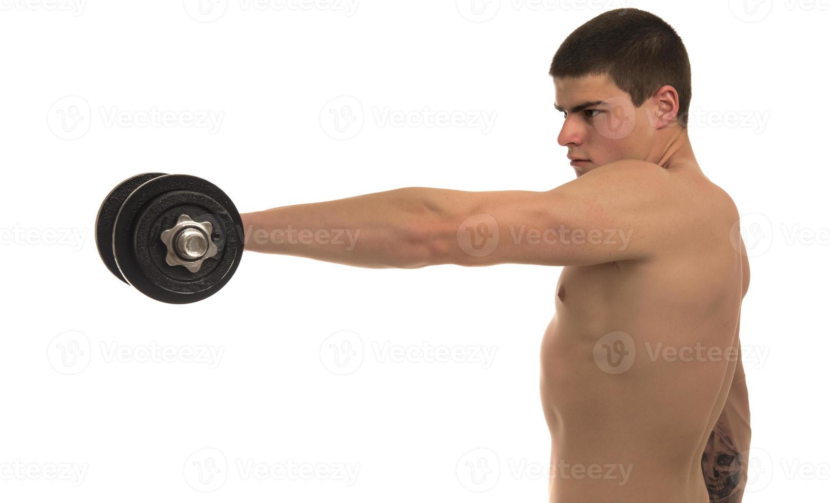 male holding  dumbbells isolated on white background photo