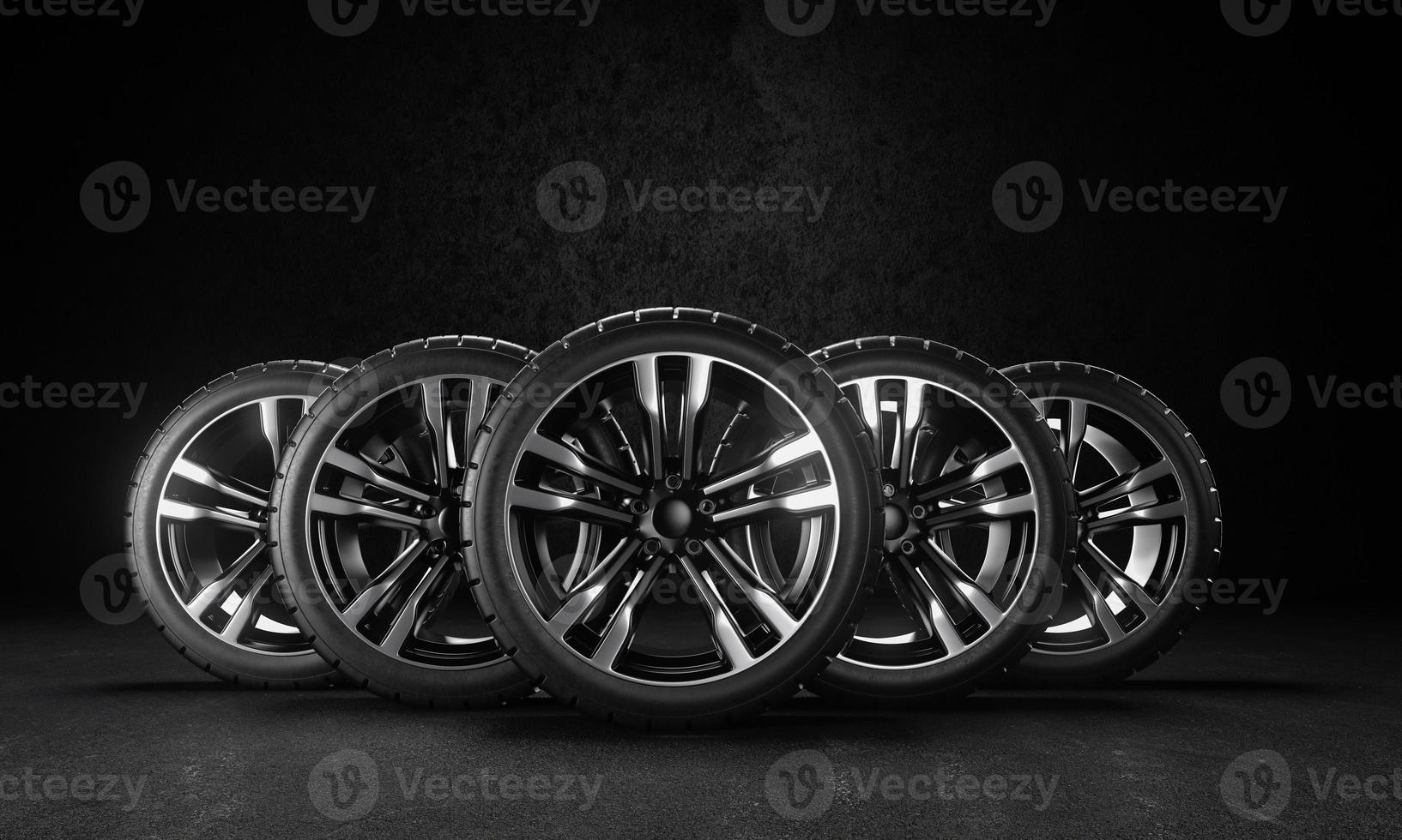 Five car wheels on asphalt and black background. Poster or cover design. 3D rendering illustration. photo