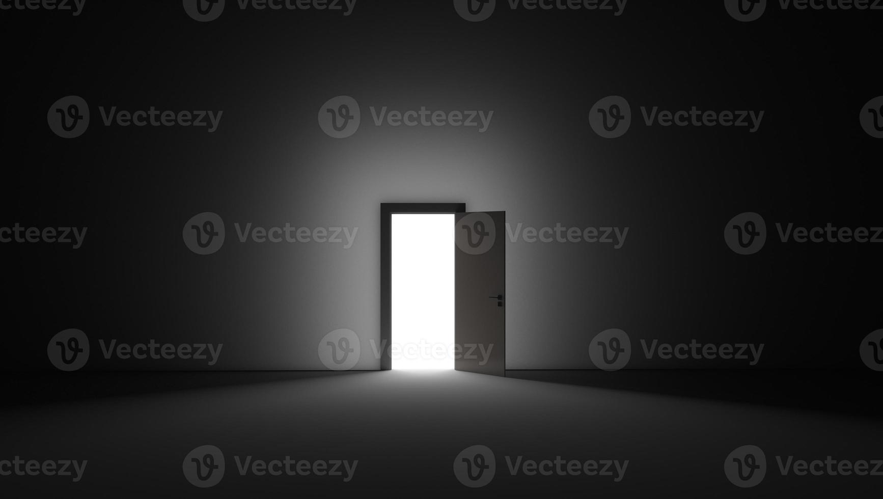 An open door with bright light streaming into a very dark room. 3D rendering illustration photo