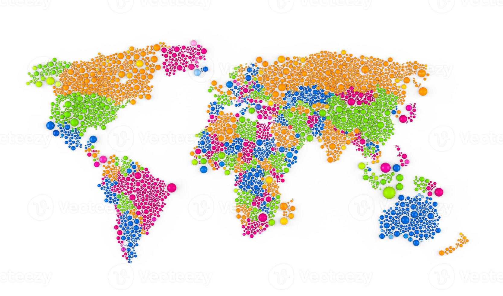 Multicolored raster abstract composition of World Map constructed of spheres items. 3D rendering illustration. photo