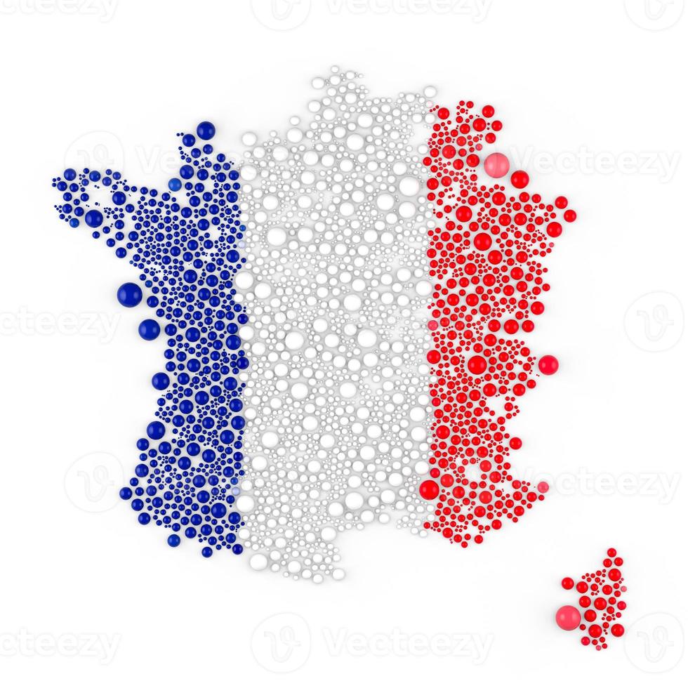 Multicolored raster abstract composition of France Map constructed of spheres items. France Map and flag. 3D rendering illustration. photo
