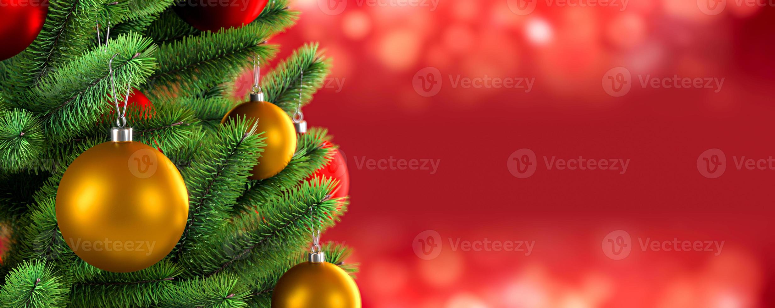 Decorated Christmas tree on red blurred background. 3D rendering illustration. photo