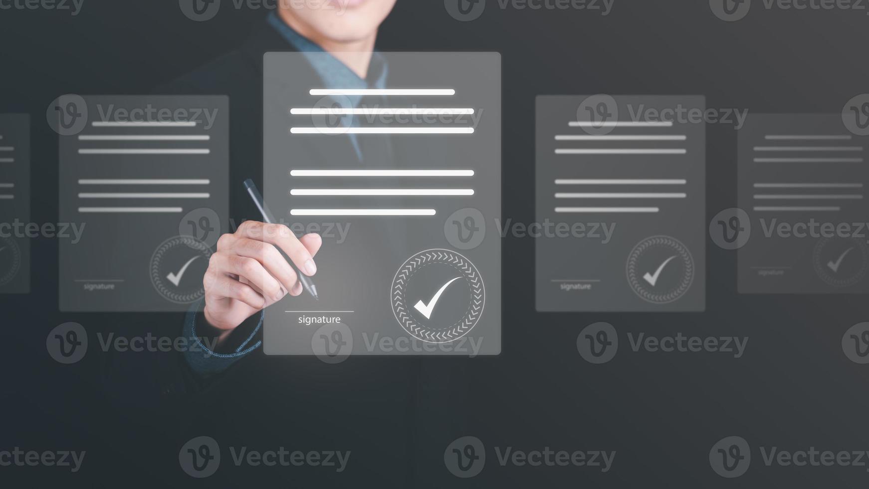 Businessman reviewing and managing documents and business agreements online, signing a business contract approval of contract documents confirmation or warranty certificate,employment idea photo