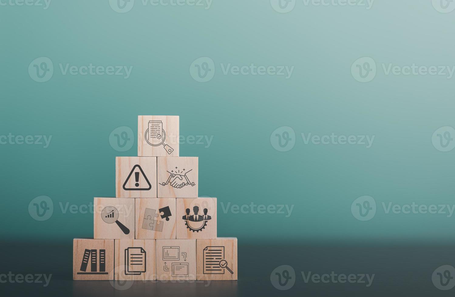 Wooden blocks stacked on table, document verification concept, ethics concept, Rules and policies, Terms and conditions, corporate governance documents photo
