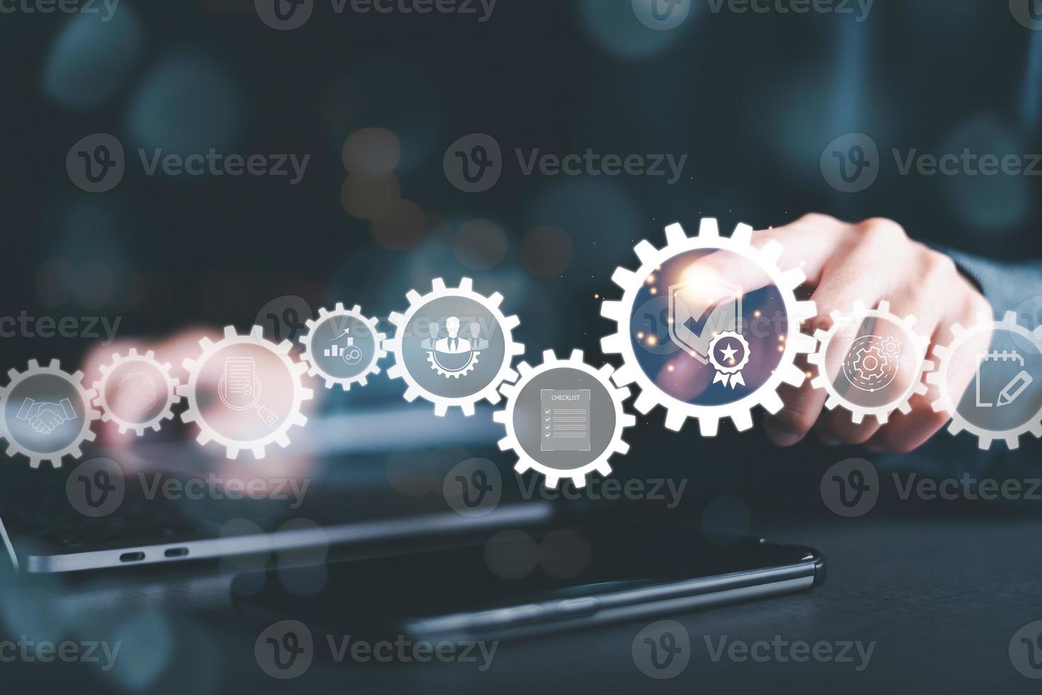 best quality assurance concept for product assurance, standard quality. business insurance Industry Certification, Guarantee, Product Certification Management,businessman pointing virtual icon photo