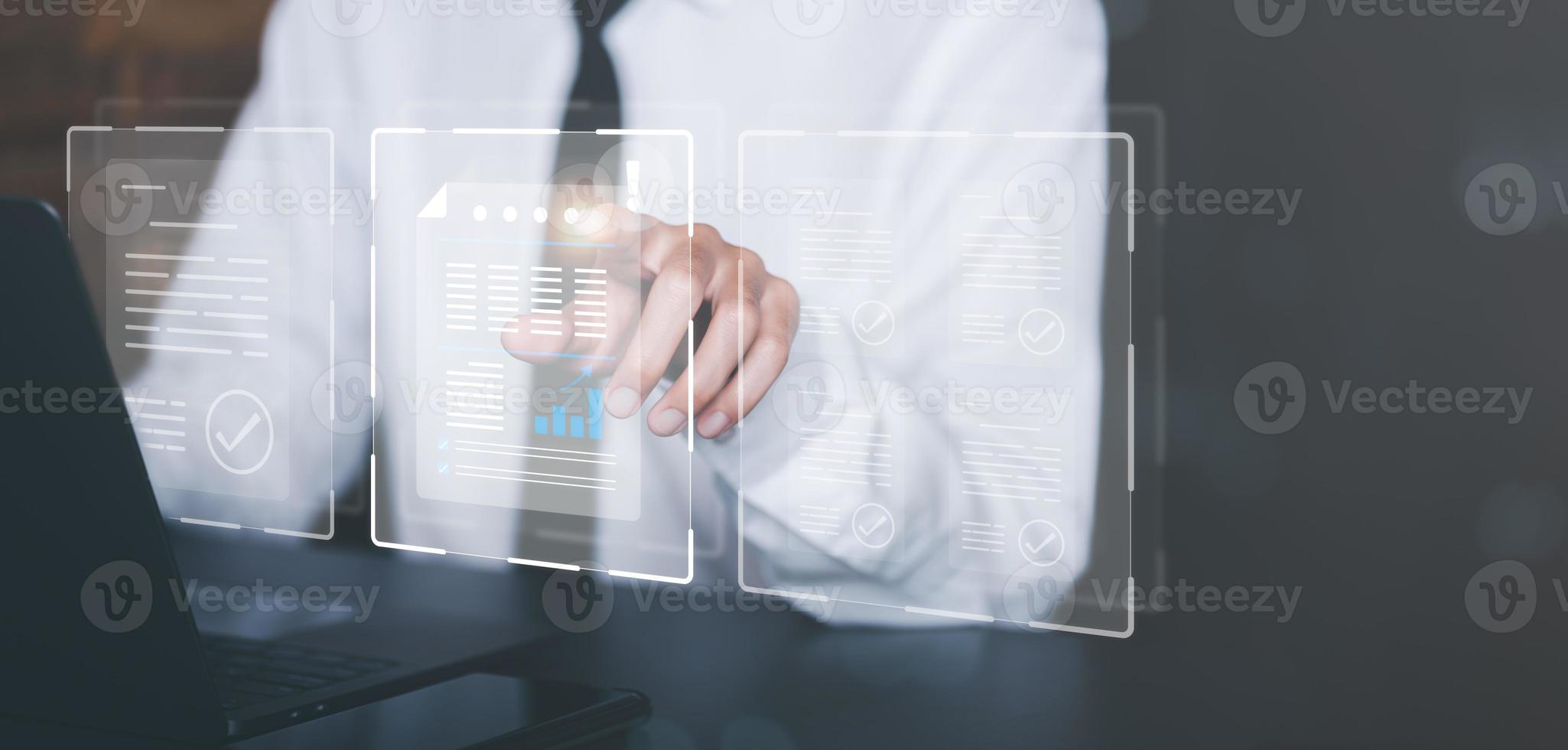 Businessman checking the steps through a virtual online document with a list of checkboxes Concepts of practices and policies, company articles of association Terms and Conditions photo