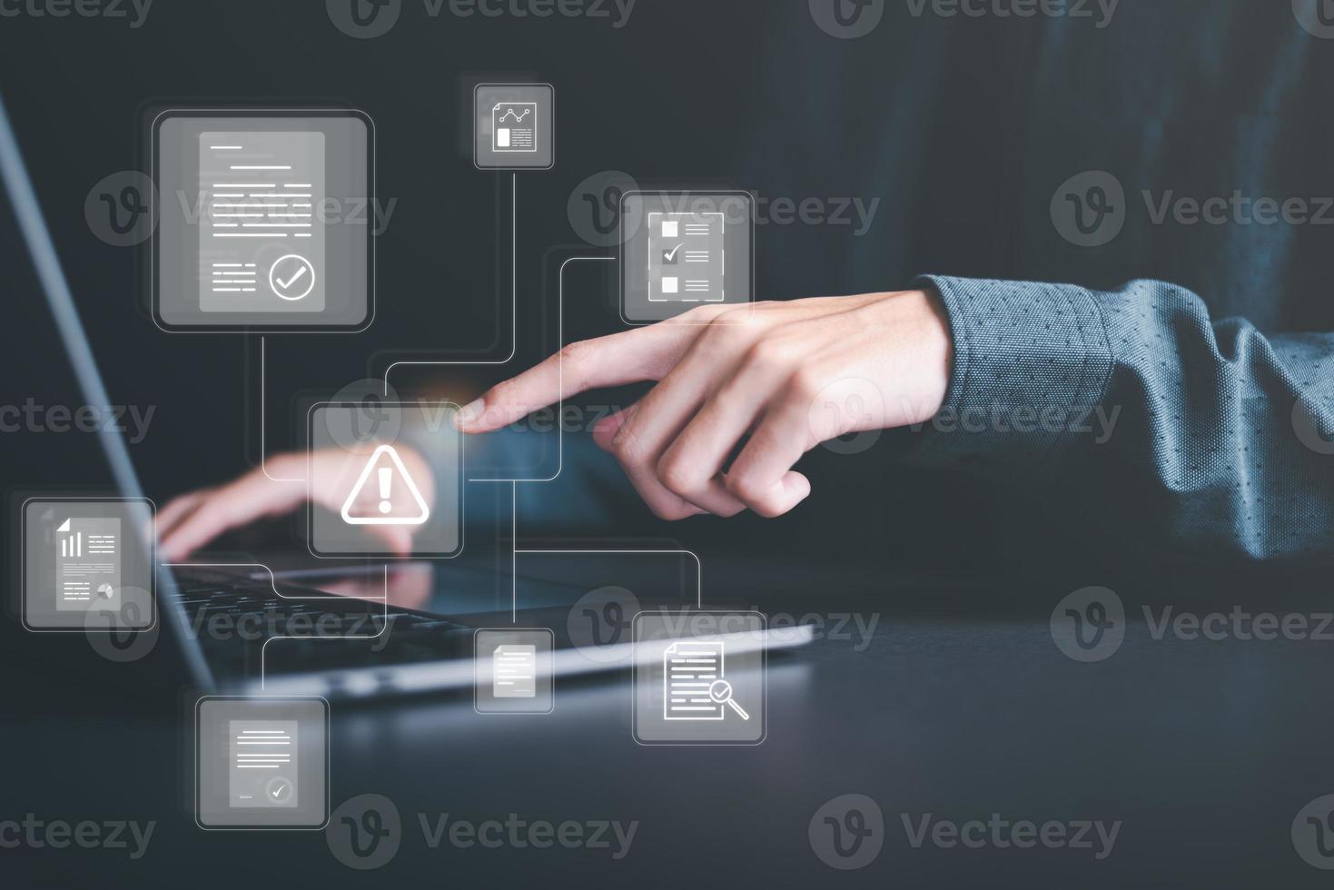 Businessman checking steps through online document with check box list Concepts of Code of Conduct, Rules and Policies, Corporate Governance Documents terms and conditions photo