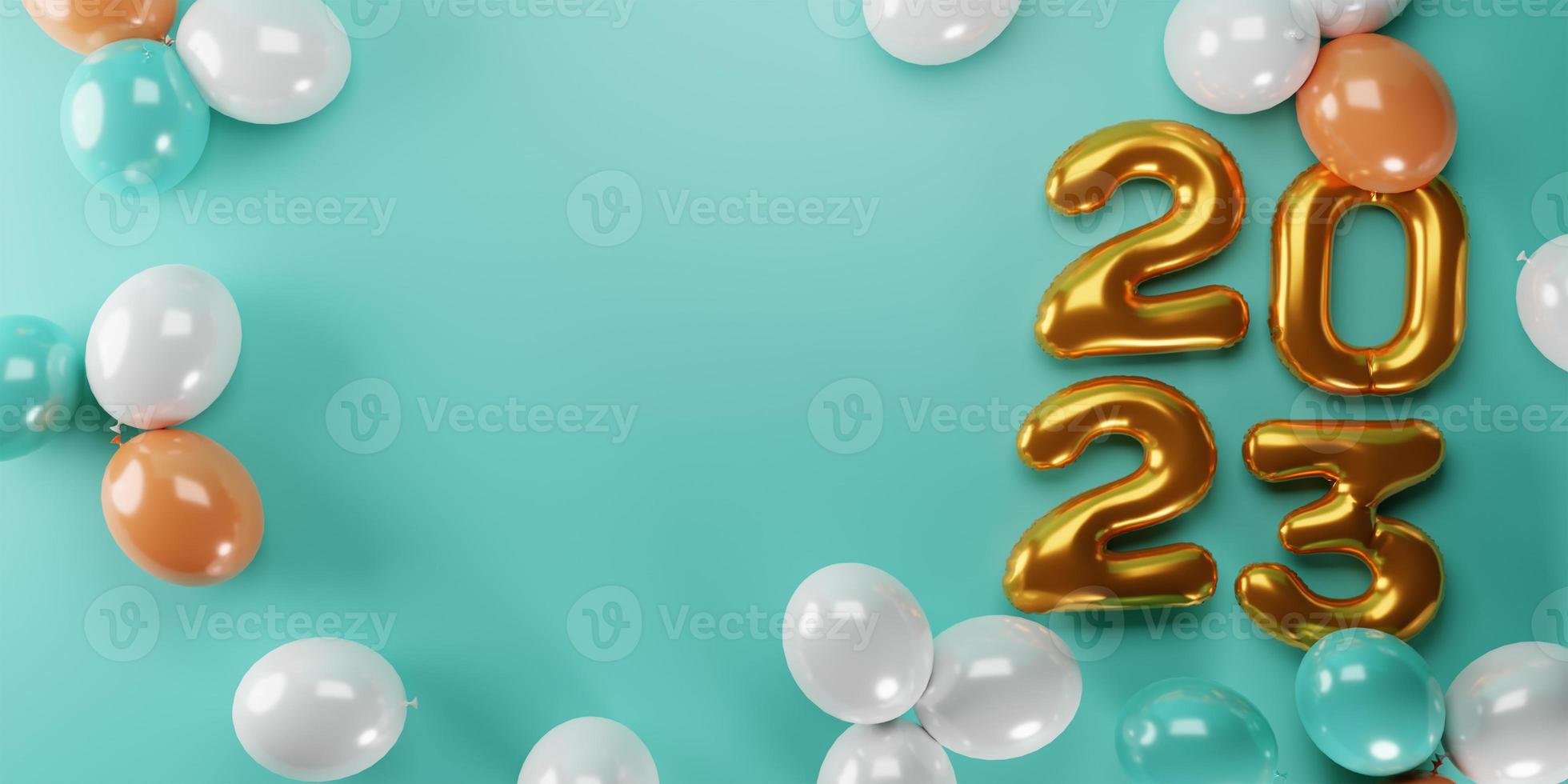 3d rendering. gold text number 2023 and white balloons composition on green background. design for happy new year background. photo