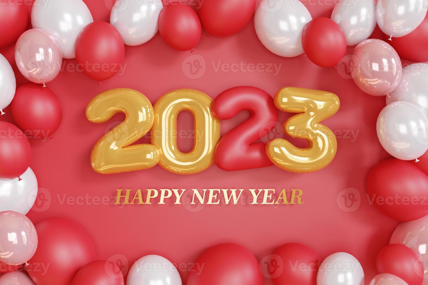 3d rendering. gold text number 2023 and white balloons composition on red background. design for happy new year background. photo