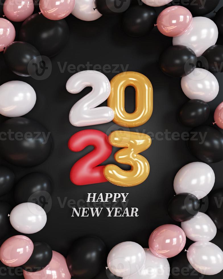 3d rendering. gold text number 2023 and white balloons composition on black background. design for happy new year background. photo