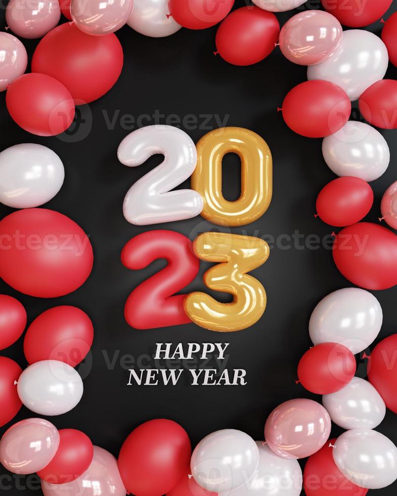 3d rendering. gold text number 2023 and white balloons composition on black background. design for happy new year background. photo