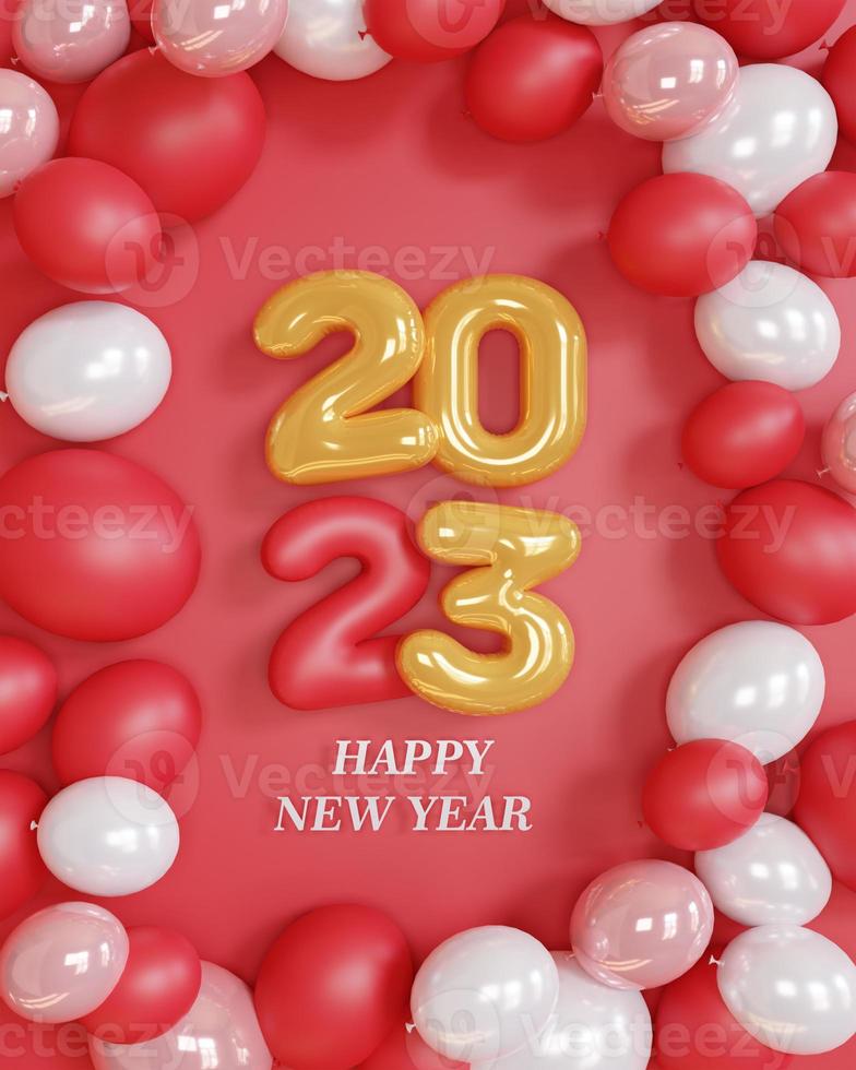 3d rendering. gold text number 2023 and white balloons composition on red background. design for happy new year background. photo