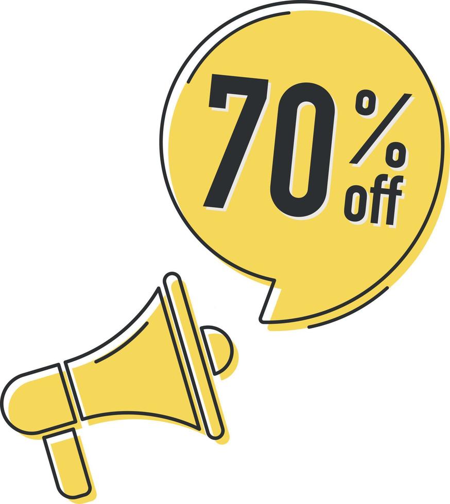 70 percent off. Megaphone and colorful yellow speech bubble with quote. Blog management, blogging and writing for website. Concept poster for social networks, advertising, banner vector