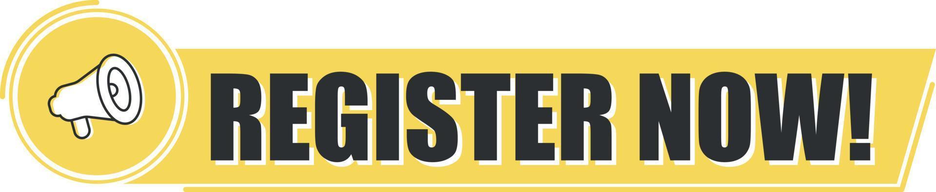 Megaphone with register now on yellow background. Megaphone banner. Web design. vector