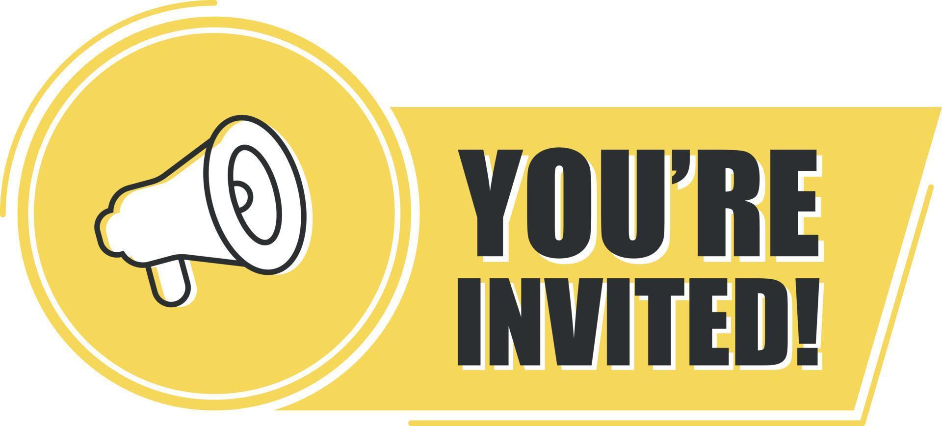 Megaphone you're invited with on yellow background. Megaphone banner. Web design. vector