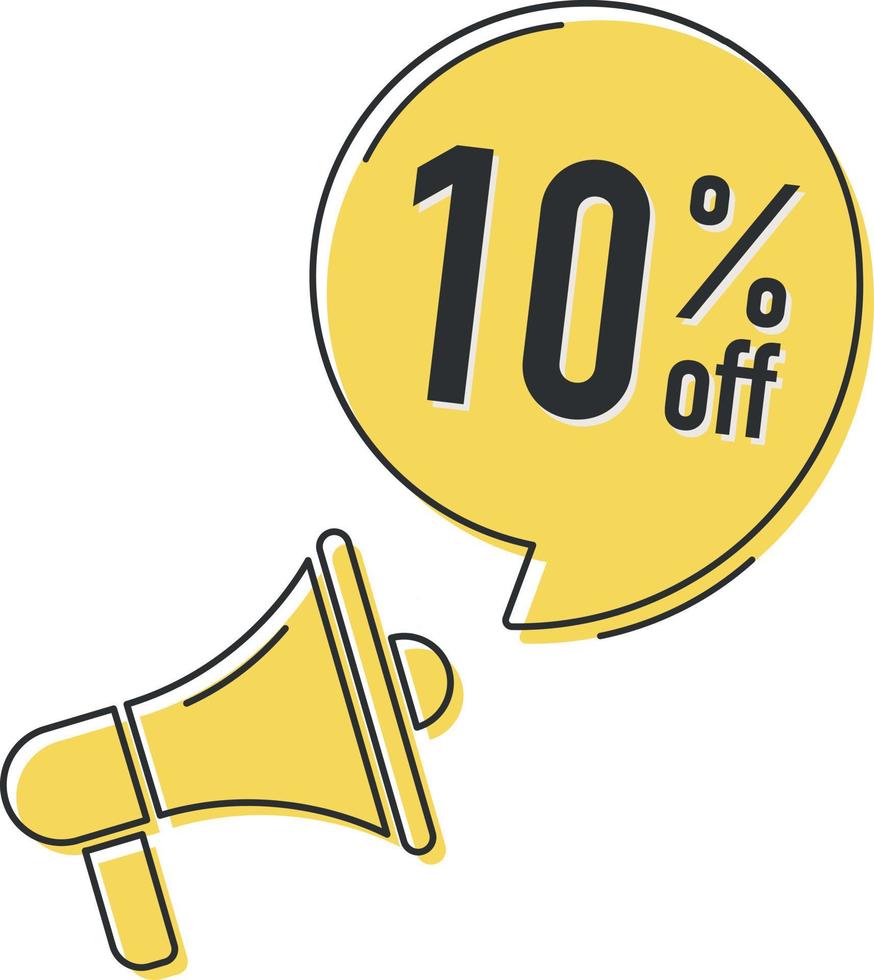 10 percent off. Megaphone and colorful yellow speech bubble with quote. Blog management, blogging and writing for website. Concept poster for social networks, advertising, banner vector